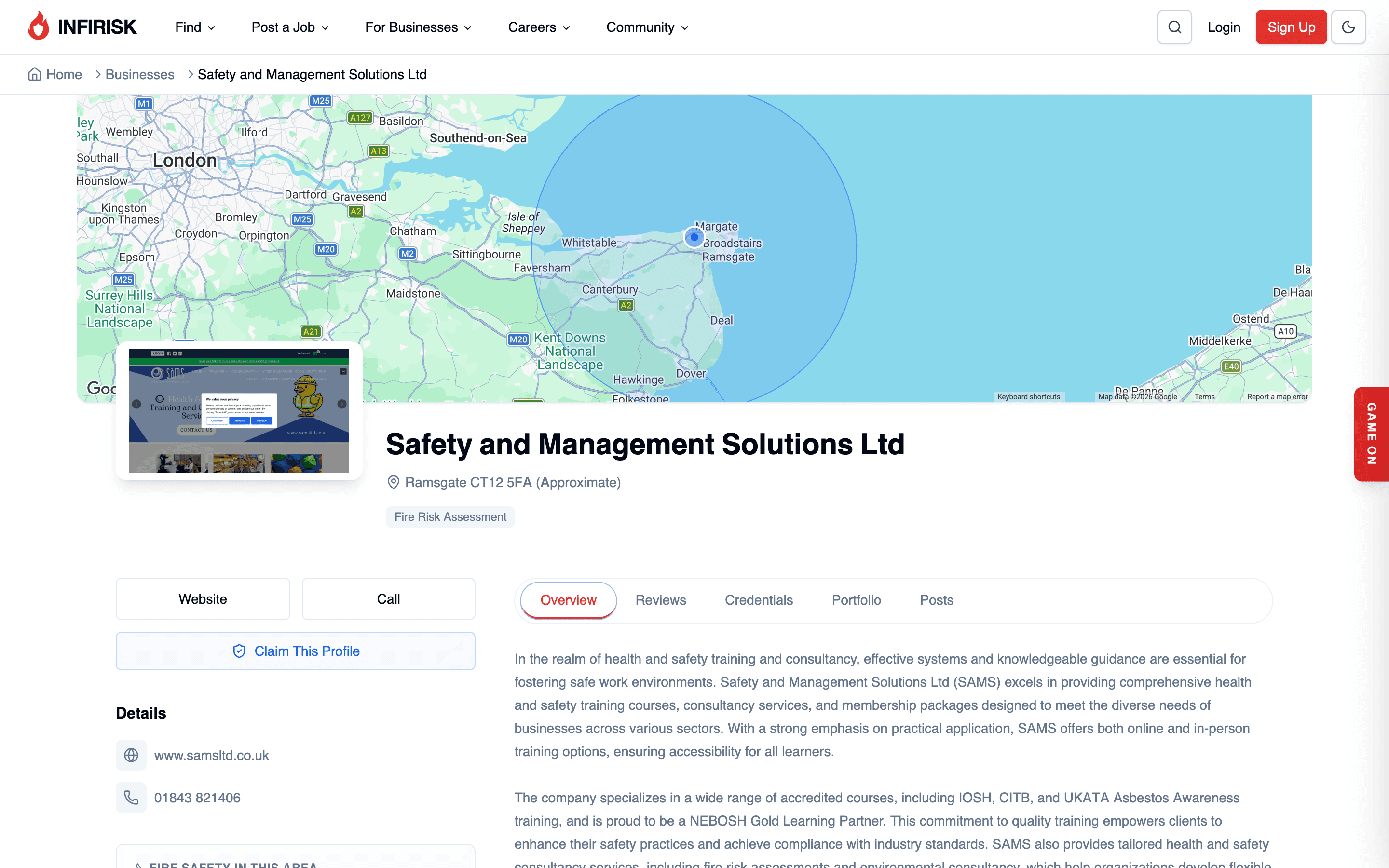 A fire safety business listing on the INFIRISK directory