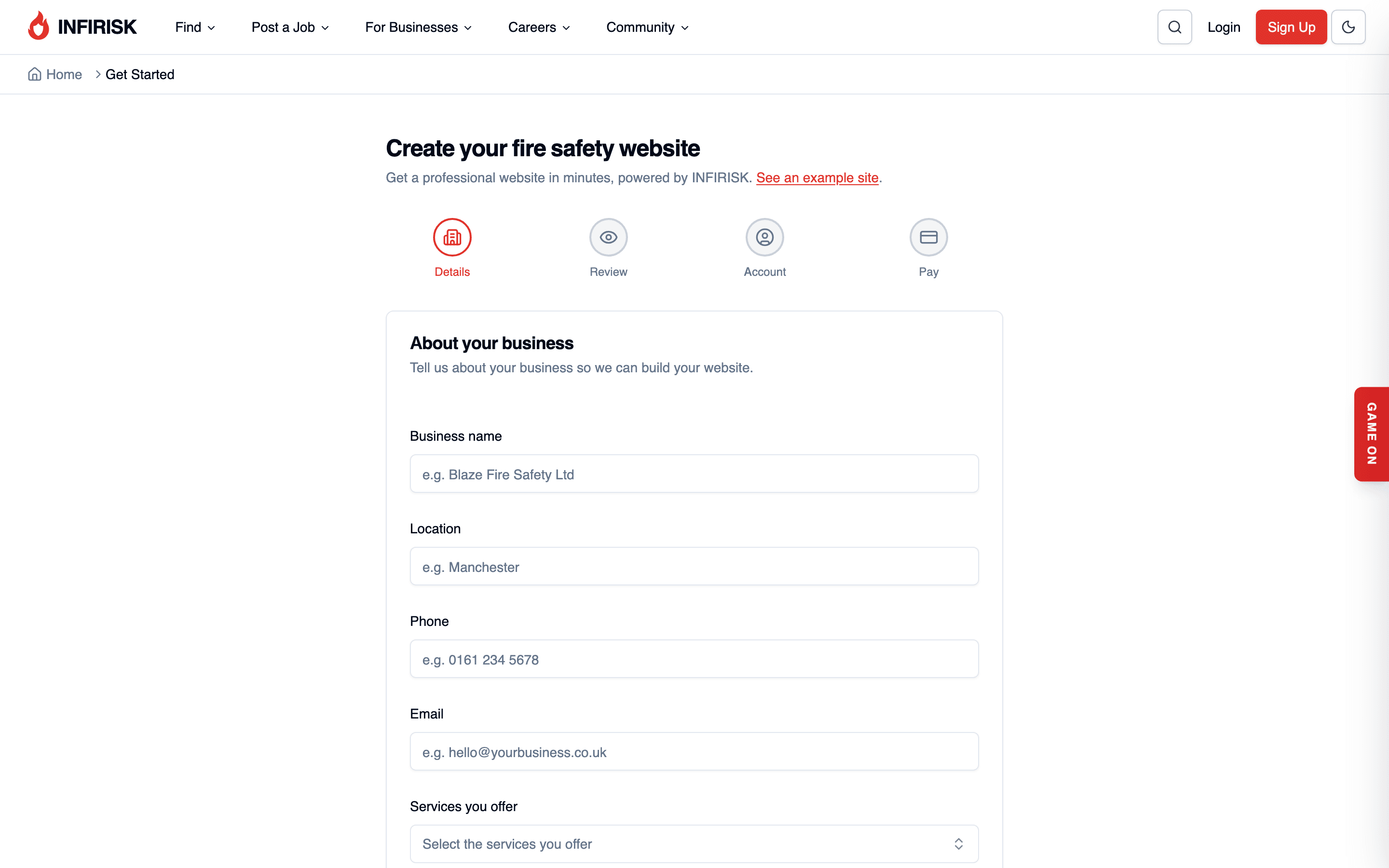 The INFIRISK website set-up wizard